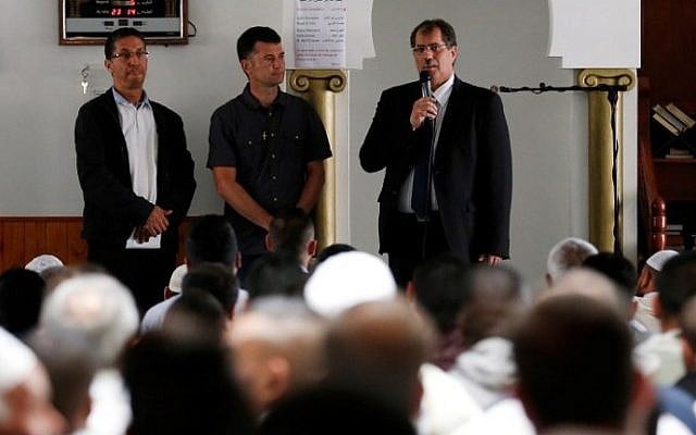 Anouar Kebibech, president of the CFCM (R) talks, as Mohammed Karabila, President of the Muslim Regional Council of Haute-Hormandie and director of the Yahya Mosque in Saint-Etienne-du-Rouvray (L) and Father Pierre in charge of relations with other religions listen on, July 29, 2016. (AFP/Charly Triballeau) Anouar Kebibech, president of the CFCM (R) talks, as Mohammed Karabila, President of the Muslim Regional Council of Haute-Hormandie and director of the Yahya Mosque in Saint-Etienne-du-Rouvray (L) and Father Pierre in charge of relations with other religions listen on, July 29, 2016. (AFP/Charly Triballeau)