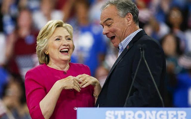 Democratic presidential nominee Hillary Clinton, left, and vice presidential candidate Tim Kaine at a rally in Philadelphia, Pennsylvania on July 29, 2016. (Eduardo Munoz Alvarez/AFP)