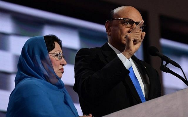 Khizr Khan, right, accompanied by his wife Ghazala Khan, speaks about their son US Army Captain Humayun Khan who was killed by a suicide bomber in Iraq 12 years ago, on the final night of the Democratic National Convention at the Wells Fargo Center, July 28, 2016 in Philadelphia, Pennsylvania. (AFP/Robyn Beck) Khizr Khan, right, accompanied by his wife Ghazala Khan, speaks about their son US Army Captain Humayun Khan who was killed by a suicide bomber in Iraq 12 years ago, on the final night of the Democratic National Convention at the Wells Fargo Center, July 28, 2016 in Philadelphia, Pennsylvania. (AFP/Robyn Beck)