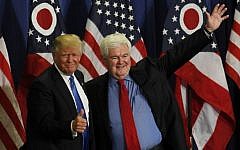 Former speaker of the House Newt Gingrich (right) introduces US Republican presidential candidate Donald Trump during a rally in Cincinnati, Ohio, on July 6, 2016. (John Sommers II/Getty Images/AFP)