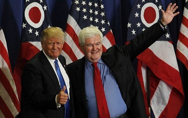 Former speaker of the House Newt Gingrich (right) introduces US Republican presidential candidate Donald Trump during a rally in Cincinnati, Ohio, on July 6, 2016. (John Sommers II/Getty Images/AFP) Former speaker of the House Newt Gingrich (right) introduces US Republican presidential candidate Donald Trump during a rally in Cincinnati, Ohio, on July 6, 2016. (John Sommers II/Getty Images/AFP)