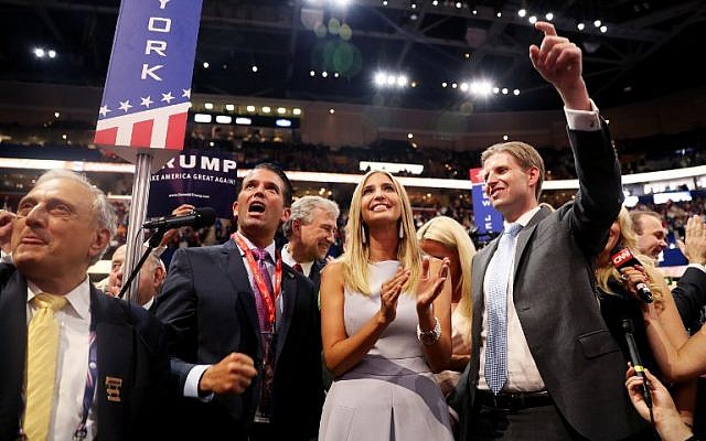 Donald Trump Jr. (2nd-L) along with Ivanka Trump (C) and Eric Trump (R), announce take part in the roll call in support of Republican presidential candidate Donald Trump on the second day of the Republican National Convention on July 19, 2016 at the Quicken Loans Arena in Cleveland, Ohio. ( Joe Raedle/Getty Images/AFP)