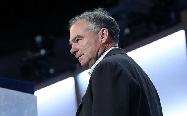 Democratic vice presidential nominee Tim Kaine on stage at the Democratic National Convention in Philadelphia, July 27, 2016. (Jessica Kourkounis/Getty Images/AFP)