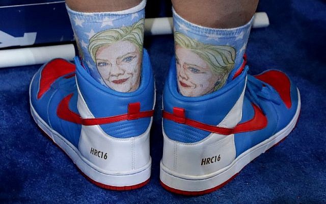 An attendee wears Hillary Clinton themed shoes and socks on the fourth day of the Democratic National Convention at the Wells Fargo Center, July 28, 2016 in Philadelphia, Pennsylvania. (Chip Somodevilla/Getty Images/AFP)