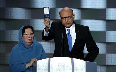 Khizr Khan, father of fallen Muslim US soldier Humayun Khan, holds up the US Constitution as he delivers remarks on the fourth day of the Democratic National Convention at the Wells Fargo Center in Philadelphia, Pennsylvania on July 28, 2016 . (Alex Wong/Getty Images/AFP)