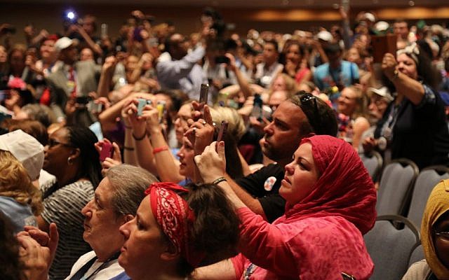 Supporters of Bernie Sanders listen to his address in Philadelphia on July 25, 2016 (Eric Cortellessa/Times of Israel)