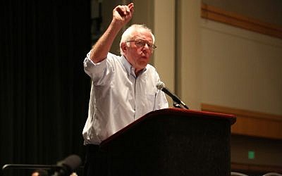 Vermont senator Bernie Sanders addresses delegates in Philadelphia on July 25, 2016 (Eric Cortellessa/Times of Israel)