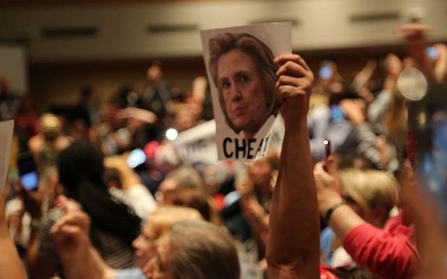 Supporters of Bernie Sanders protest on July 25, 2016 (Eric Cortellessa/Times of Israel)