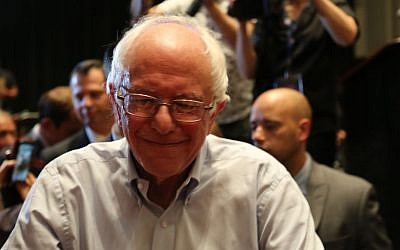 Vermont senator Bernie Sanders addresses delegates in Philadelphia on July 25, 2016 (Eric Cortellessa/Times of Israel)