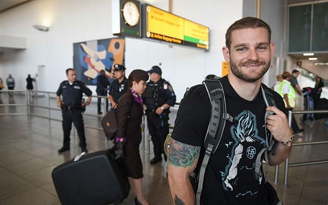 Ex-US marine Steven Rich before boarding a Nefesh B'Nefesh chartered flight to Israel from New York, July 18, 2016. (Shahar Azran)