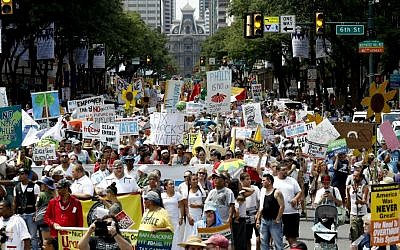 Protesters march during a demonstration in downtown on Sunday, July 24, 2016, in Philadelphia. (AP Photo/Alex Brandon)