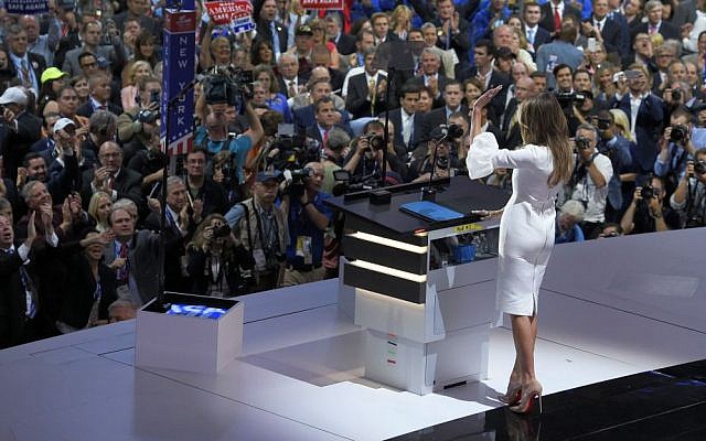 Melania Trump, wife of Republican presidential candidate Donald Trump, waves to the delegates after her speech during the opening day of the Republican National Convention in Cleveland, Ohio, Monday, July 18, 2016. (AP Photo/Mark J. Terrill) Melania Trump, wife of Republican presidential candidate Donald Trump, waves to the delegates after her speech during the opening day of the Republican National Convention in Cleveland, Ohio, Monday, July 18, 2016. (AP Photo/Mark J. Terrill)