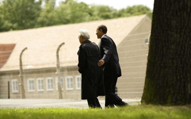 U.S. President Barack Obama, right, and Holocaust survivor Elie Wiesel leave the former Buchenwald Nazi concentration camp near the eastern German city of Weimar in Thuringia Friday June 5, 2009 (AP Photo/Ina Fassbender, Pool)