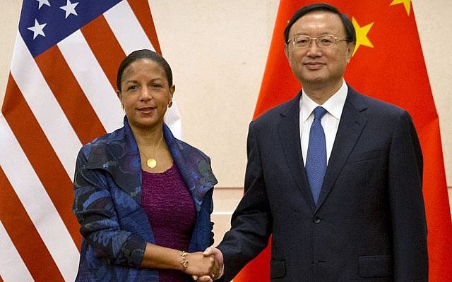 U.S. National Security Adviser Susan Rice, left, and Chinese State Councilor Yang Jiechi, right, shake hands as they pose for a photo at the Diaoyutai State Guesthouse in Beijing, Monday, July 25, 2016. (AP Photo/Mark Schiefelbein, Pool) U.S. National Security Adviser Susan Rice, left, and Chinese State Councilor Yang Jiechi, right, shake hands as they pose for a photo at the Diaoyutai State Guesthouse in Beijing, Monday, July 25, 2016. (AP Photo/Mark Schiefelbein, Pool)