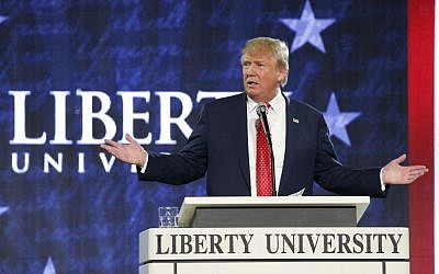 Republican presidential candidate Donald Trump speaks to an audience at Liberty University in Lynchburg, Va. on January 18, 2016. (AP Photo/Steve Helber, File)