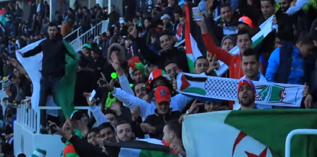 Algerian soccer fans cheer for Palestine in friendly match between the two countries February 17, 2016 (Screen capture: YouTube) Algerian soccer fans cheer for Palestine in friendly match between the two countries February 17, 2016 (Screen capture: YouTube)