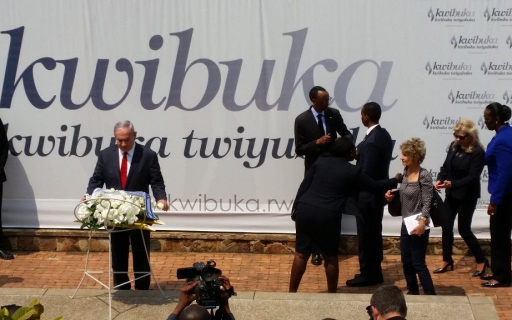 Prime Minister Benjamin Netanyahu lays a wreath at the memorial for the Rwandan genocide in Kigali on Wednesday, July 6, 2016 (Raphael Ahren/Times of Israel)