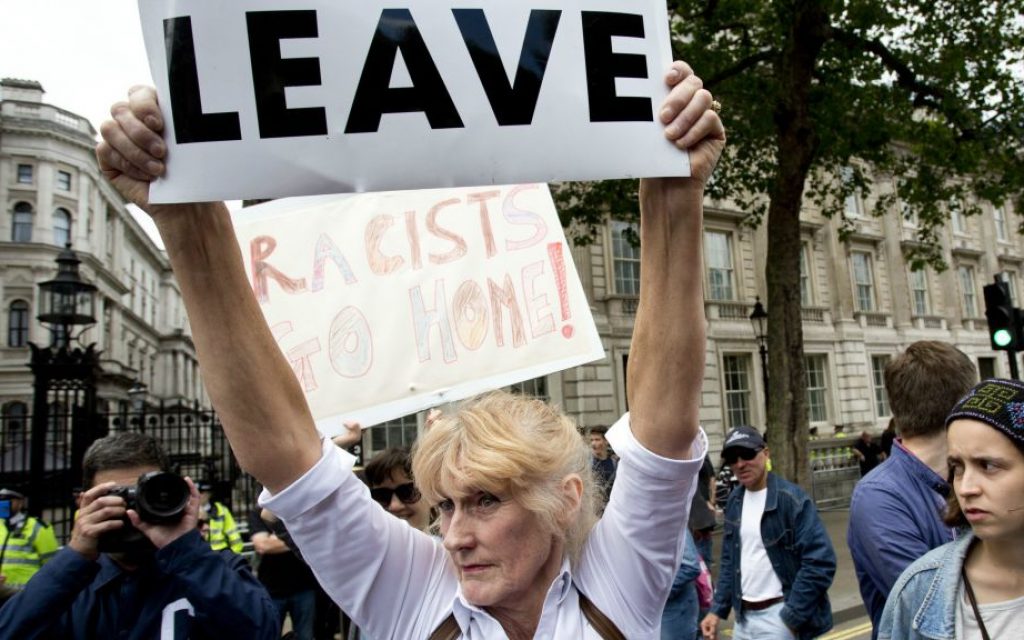 Protestors marching at a rally in London, July 2, 2016. (Isabel Infantes/Anadolu Agency/Getty Images/via JTA) Protestors marching at a rally in London, July 2, 2016. (Isabel Infantes/Anadolu Agency/Getty Images/via JTA)