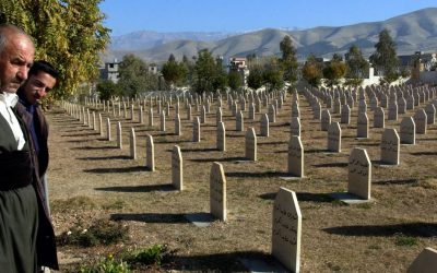 In this Dec. 7, 2006 file photo, men stand at a graveyard where the dead of a 1988 gas attack on Halabja, Iraq, by Saddam Hussein's regime were laid to rest. (AP Photo/Yahya Ahmed, File)