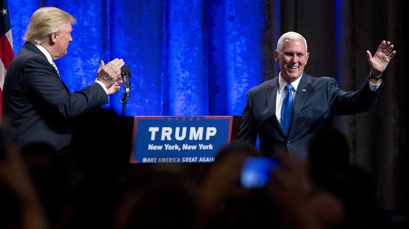 Republican presidential candidate Donald Trump, left, introduces Indiana Gov. Mike Pence, during a campaign event to announce Pence as the vice presidential running mate on, Saturday, July 16, 2016, in New York (AP Photo/Mary Altaffer) Republican presidential candidate Donald Trump, left, introduces Indiana Gov. Mike Pence, during a campaign event to announce Pence as the vice presidential running mate on, Saturday, July 16, 2016, in New York (AP Photo/Mary Altaffer)