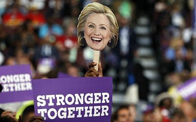 Delegates hold up signs to show their support for Democratic presidential candidate Hillary Clinton during the third day session of the Democratic National Convention in Philadelphia, Wednesday, July 27, 2016. (AP Photo/Carolyn Kaster)