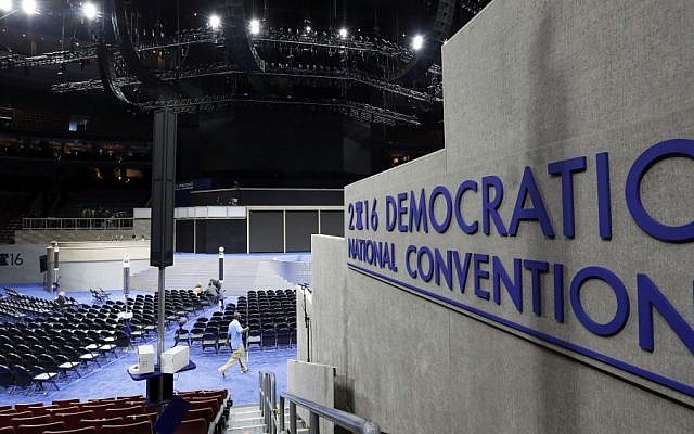 Work continues inside the convention hall before the Democratic National Convention, Saturday, July 23, 2016, in Philadelphia. (AP/Alex Brandon)
