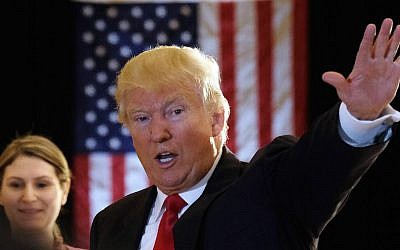 Donald Trump waving after a news conference at the Trump Tower in New York City, May 31, 2016. (Jewel Samad/AFP/Getty Images via JTA)