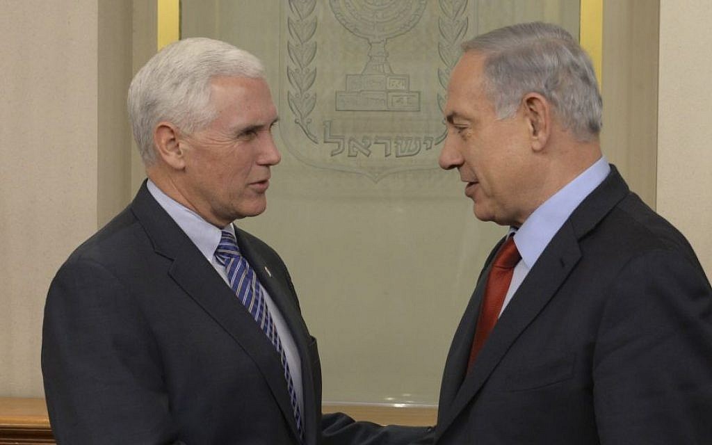 Israeli Prime Minister Benjamin Netanyahu, right, meets with Indiana Governor Michael Pence in Jerusalem on December 29, 2014. (Amos Ben Gershom/GPO) Israeli Prime Minister Benjamin Netanyahu, right, meets with Indiana Governor Michael Pence in Jerusalem on December 29, 2014. (Amos Ben Gershom/GPO)