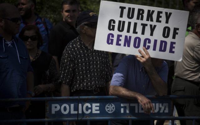 Members of the Jerusalem Armenian community protest outside the Knesset following the Israeli government's recent diplomatic agreement with Turkey, demanding that the State of Israel finally recognize the Armenian Genocide, July 5, 2016 (Hadas Parush/Flash90) Members of the Jerusalem Armenian community protest outside the Knesset following the Israeli government's recent diplomatic agreement with Turkey, demanding that the State of Israel finally recognize the Armenian Genocide, July 5, 2016 (Hadas Parush/Flash90)