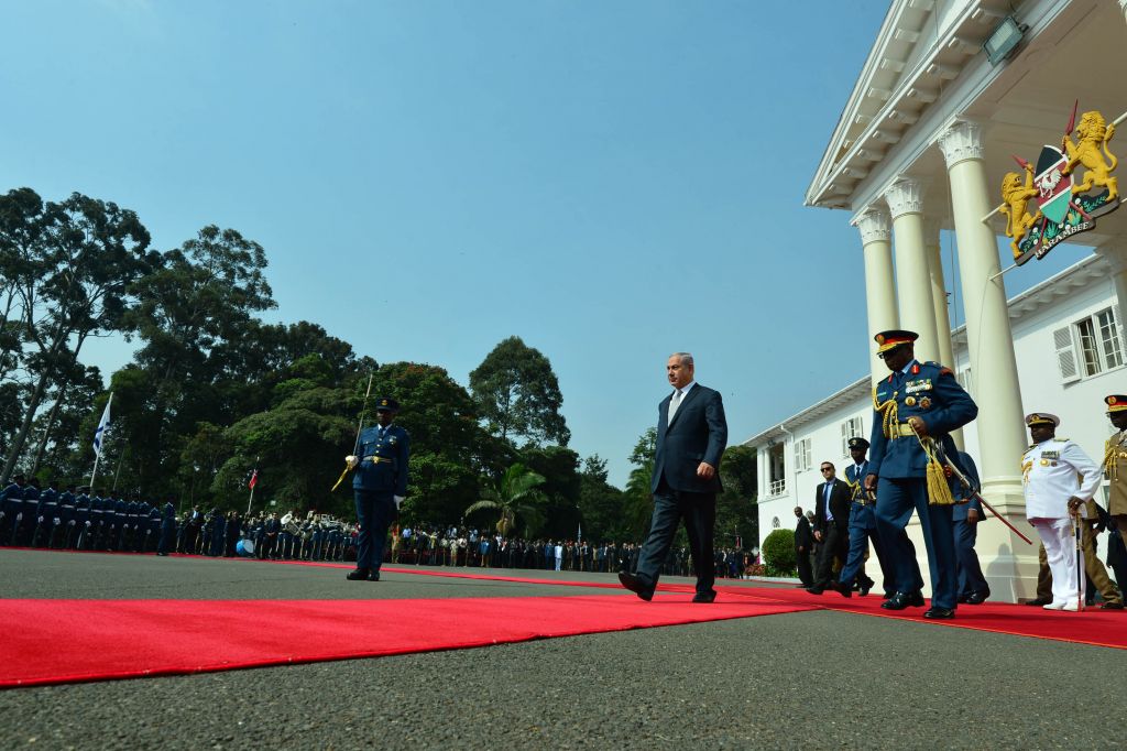 Prime Minister Benjamin Netanyahu inspects an honor guard in Nairobi, Kenya, on July 5, 2016 (Kobi Gideon / GPO). Prime Minister Benjamin Netanyahu inspects an honor guard in Nairobi, Kenya, on July 5, 2016 (Kobi Gideon / GPO).