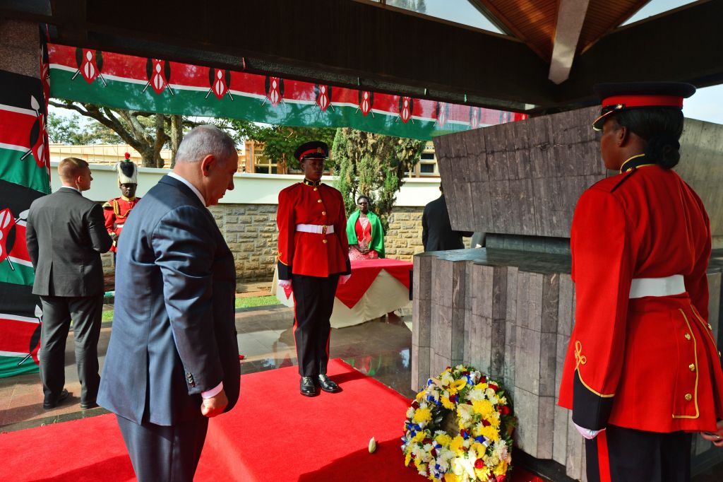 Prime Minister Benjamin Netanyahu lays a wreath at the grave of Kenya’s founder, Yoma Kenyatta, the current president’s father, in Nairobi on July 5, 2016 (Kobi Gideon / GPO). Prime Minister Benjamin Netanyahu lays a wreath at the grave of Kenya’s founder, Yoma Kenyatta, the current president’s father, in Nairobi on July 5, 2016 (Kobi Gideon / GPO).