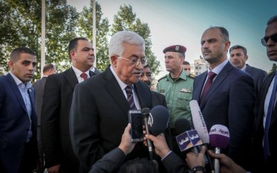 Palestinian Authority President Mahmoud Abbas takes part in a prayer session ahead of the Eid al-Fitr holiday marking the end of Ramadan, in Ramallah on Wednesday, July 6, 2015. (Flash90)