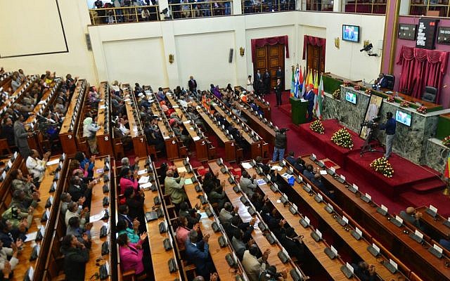 Prime Minister Benjamin Netanyahu addresses the Ethiopian parliament in Addis Ababa, on July 7, 2016. (Kobi Gideon/GPO)