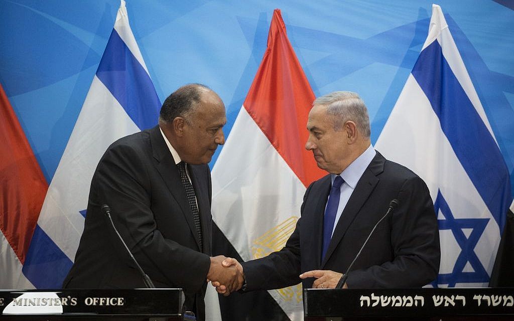 Prime Minister Benjamin Netanyahu meets with Egypt's Foreign Minister Sameh Shoukry at the Prime Minister's Office in Jerusalem on Sunday, July 10, 2016 (Hadas Parush/Flash90)
