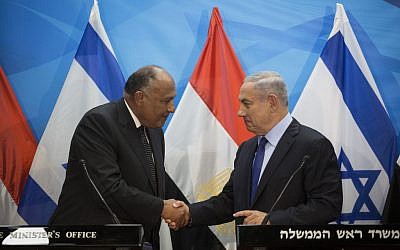 Prime Minister Benjamin Netanyahu meets with Egypt's Foreign Minister Sameh Shoukry at the Prime Minister's Office in Jerusalem on Sunday, July 10, 2016 (Hadas Parush/Flash90)