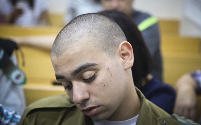 Elor Azaria, the Israeli soldier, who shot a Palestinian terrorist in Hebron seen at a court hearing at a military court in Jaffa, July 12, 2016. (Flash90)