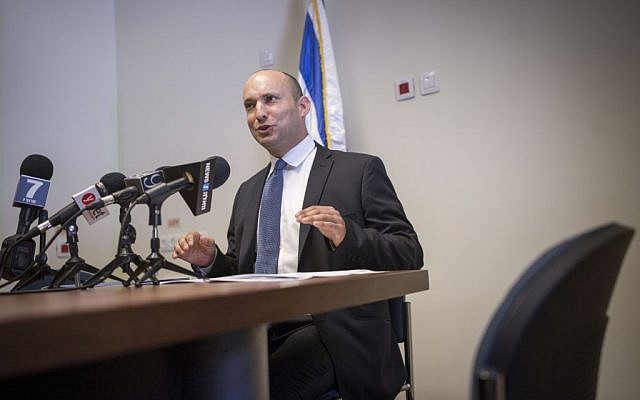 Jewish Home party leader Naftali Bennett holds a press conference reacting to Rabbi Yigal Levinstein's remarks against the LGBT community on July 18, 2016. (Miriam Alster/Flash90) Jewish Home party leader Naftali Bennett holds a press conference reacting to Rabbi Yigal Levinstein's remarks against the LGBT community on July 18, 2016. (Miriam Alster/Flash90)