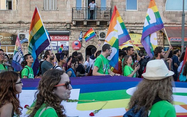 The annual pride parade in Jerusalem, attended by more than 25,000, on July 21, 2016. The parade marked a year since the stabbing and murder of Shira Banky during last year's pride parade. (Zack Wajsgras/Flash90)