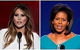 Melania Trump, wife of Republican Presidential Candidate Donald Trump, speaks during the opening day of the Republican National Convention in Cleveland, July 18, 2016, and Michelle Obama, wife of Democratic presidential candidate, Barack Obama, speaks at the Democratic National Convention in Denver, August 25, 2008. (AP Photos)