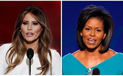 Melania Trump, wife of Republican Presidential Candidate Donald Trump, speaks during the opening day of the Republican National Convention in Cleveland, July 18, 2016, and Michelle Obama, wife of Democratic presidential candidate, Barack Obama, speaks at the Democratic National Convention in Denver, August 25, 2008. (AP Photos)