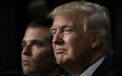 File: Republican presidential candidate Donald Trump, right, and his son Donald Trump, Jr., at the Republican National Convention in Cleveland, Ohio, July 20, 2016. (AP Photo/Matt Rourke, File)