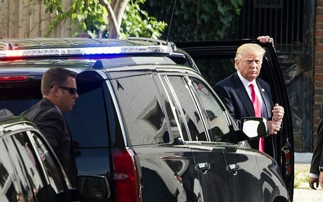 Republican US presidential candidate Donald Trump arrives to meet with Republican House members at the Capitol Hill Club in Washington, July 7, 2016. (AP/Cliff Owen) Republican US presidential candidate Donald Trump arrives to meet with Republican House members at the Capitol Hill Club in Washington, July 7, 2016. (AP/Cliff Owen)
