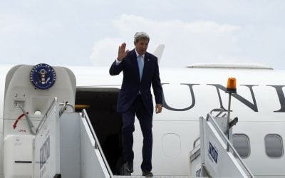 US Secretary of State John Kerry disembarks a plane upon his arrival at Tbilisi International Airport, Georgia, Wednesday, July 6, 2016. (David Mdzinarishvili/ Pool photo via AP)