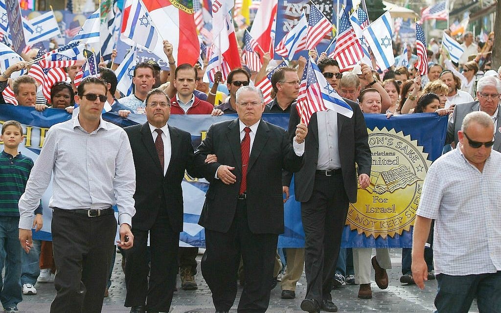 File: Pastor John Hagee, center, leads Christians in a solidarity march in Jerusalem in 2010. (Courtesy: CUFI) File: Pastor John Hagee, center, leads Christians in a solidarity march in Jerusalem in 2010. (Courtesy: CUFI)