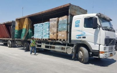 A truck laden with humanitarian aid from Turkey enters the Gaza Strip via the Kerem Shalom crossing on Monday, July 4, 2016 (Defense Ministry) A truck laden with humanitarian aid from Turkey enters the Gaza Strip via the Kerem Shalom crossing on Monday, July 4, 2016 (Defense Ministry)