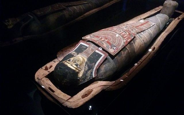 Israel's only Egyptian mummy goes on display at the Israel Museum on July 25, 2016. (Ilan Ben Zion/Times of Israel staff)