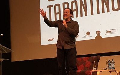 Quentin Tarantino speaks to an audience at the Jerusalem Film Festival on July 8, 2016 (David Horovitz/Times of Israel)