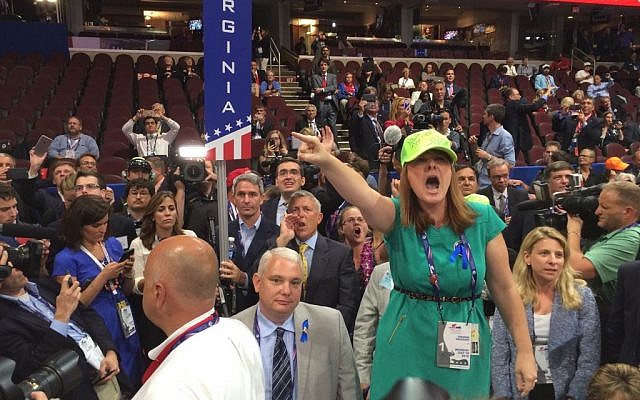 A delegate at the 2016 Republican National Convention demands a rules change to strip Donald Trump of the party's nomination (Eric Cortellessa/Times of Israel) A delegate at the 2016 Republican National Convention demands a rules change to strip Donald Trump of the party's nomination (Eric Cortellessa/Times of Israel)
