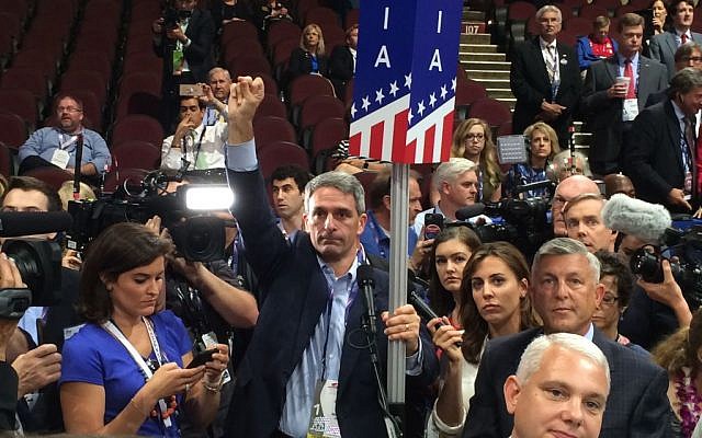 Former Va. Attorney General Ken Cuccinelli attempts to derail Donald Trump's nomination on the convention floor (Eric Cortellessa/Times of Israel) Former Va. Attorney General Ken Cuccinelli attempts to derail Donald Trump's nomination on the convention floor (Eric Cortellessa/Times of Israel)