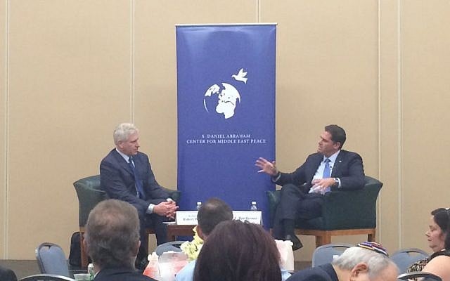 Israeli Ambassador to the US Ron Dermer talks with Abraham Center President Robert Wexler at an event doing the 2016 Democratic National Convention (Eric Cortellessa/Times of Israel)